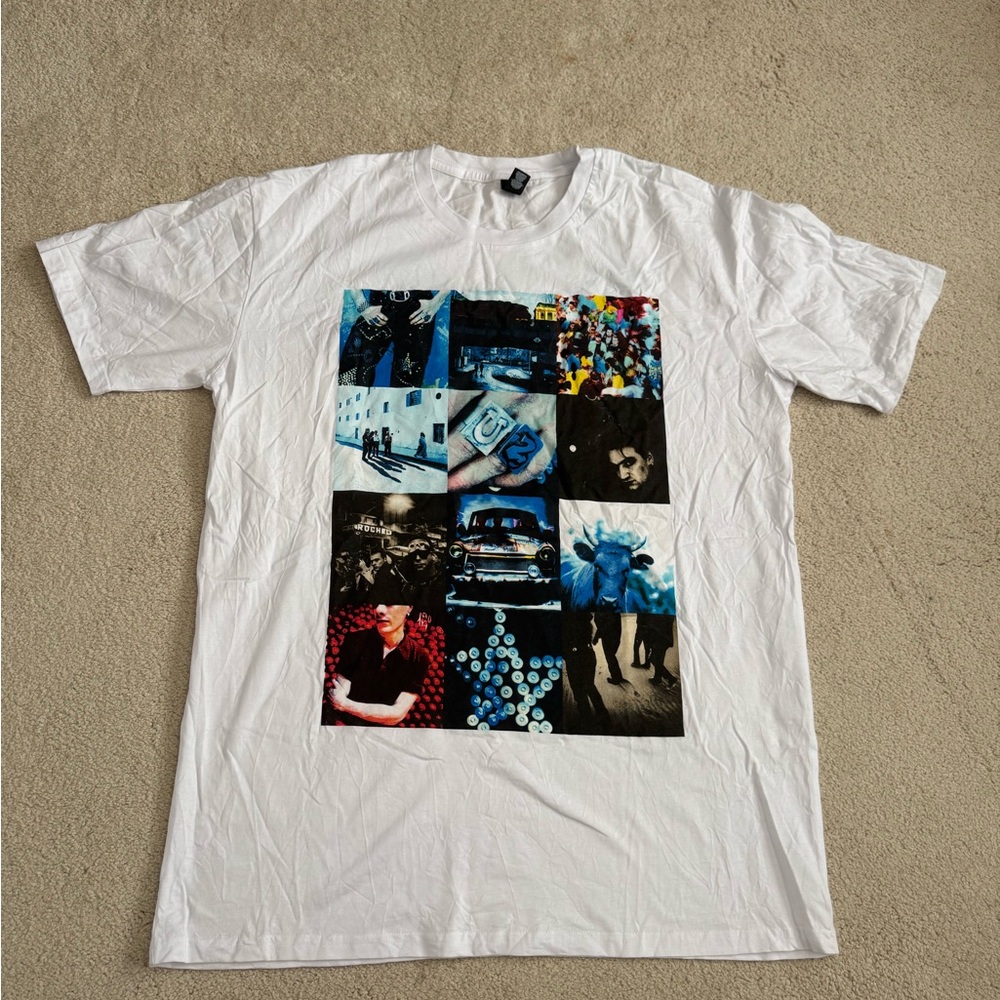 Men's U2 Graphic White T-Shirt with Multicolor Design from the Sphere